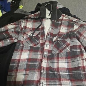 Cargo Hooded Plaid Shirt Jacket - Red, Gray & White
